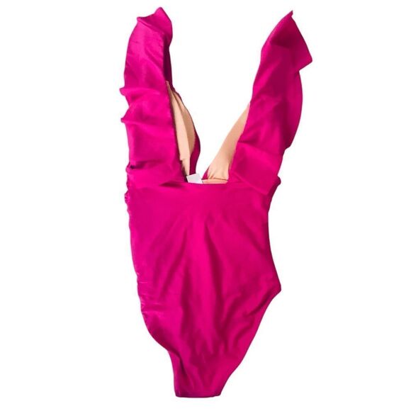 J Crew Radiant Fuchsia Ruffle V-Neck Ruched One Piece Swimsuit Sz 20 NWT - Picture 7 of 16